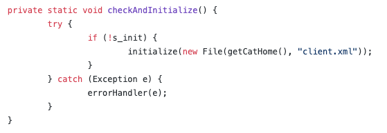 https://github.com/dianping/cat/blob/82475a28f7839753bc9f09e1e9b8395b6e0008b2/cat-client/src/main/java/com/dianping/cat/Cat.java
